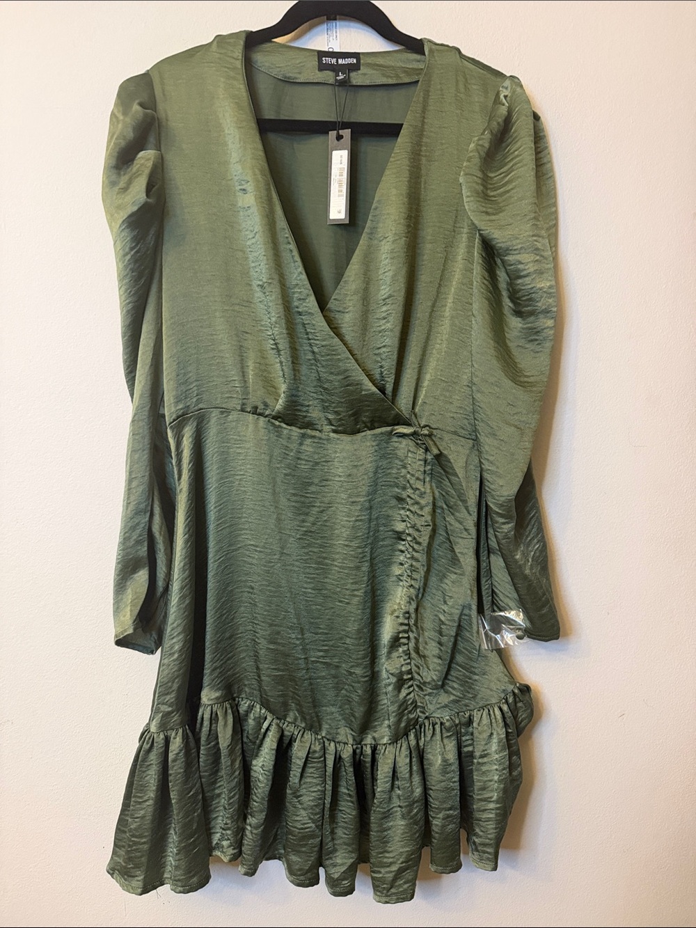 Steve Madden Satin Olive Wrap Midi Dress with Ruffle Hem length 35”